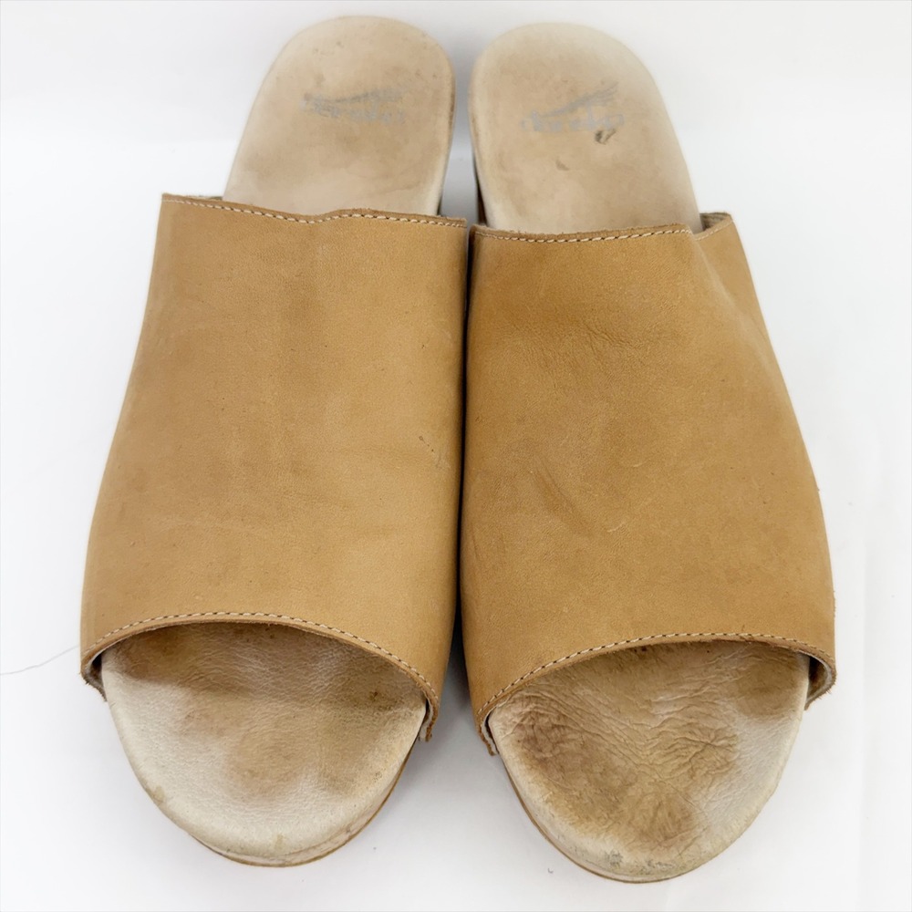 Dansko Maci Tan Leather Open Toe Slide Clog Mules Wood Grain Block Heel Sz 42